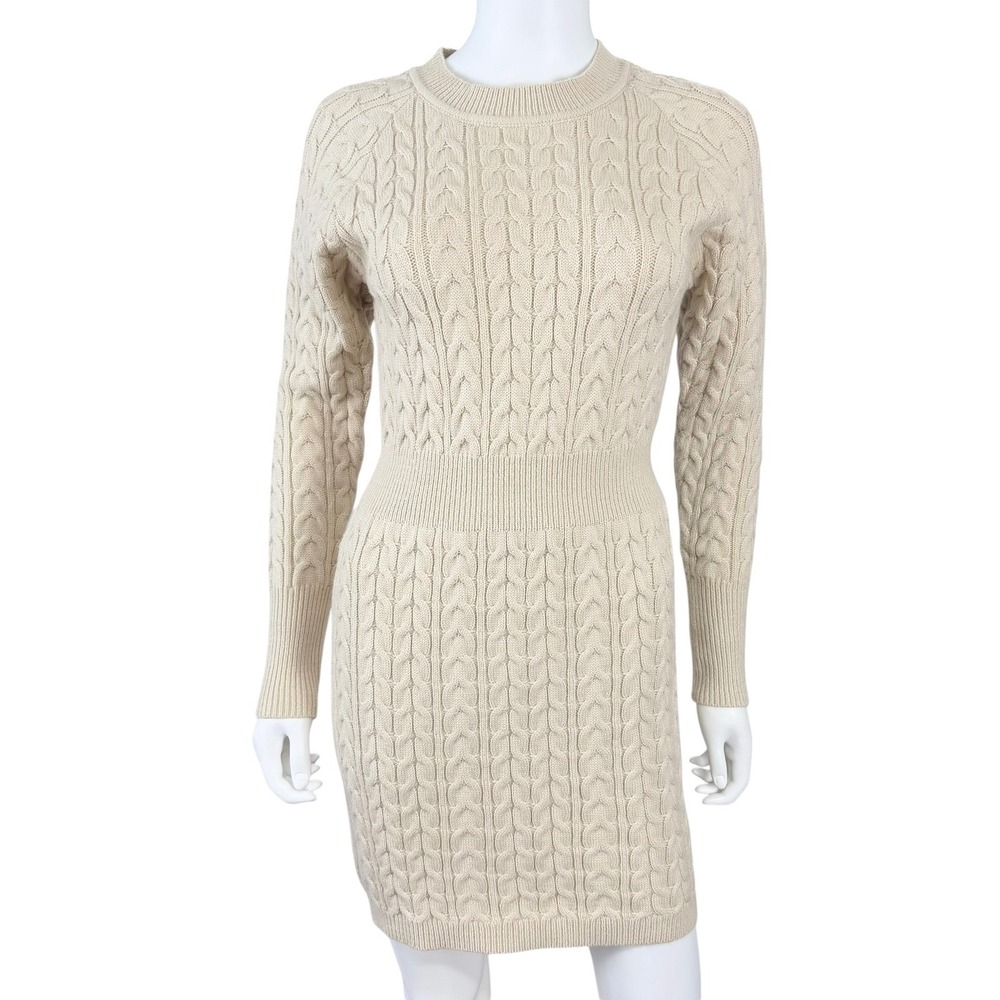 Womens Cable Knit Sweater Dress Cream Long Sleeve Preppy Mini Cozy Winter M